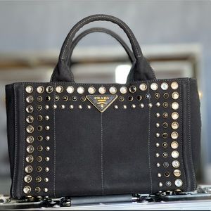 PRADA Black Canapa Studs Tote Hand Bag